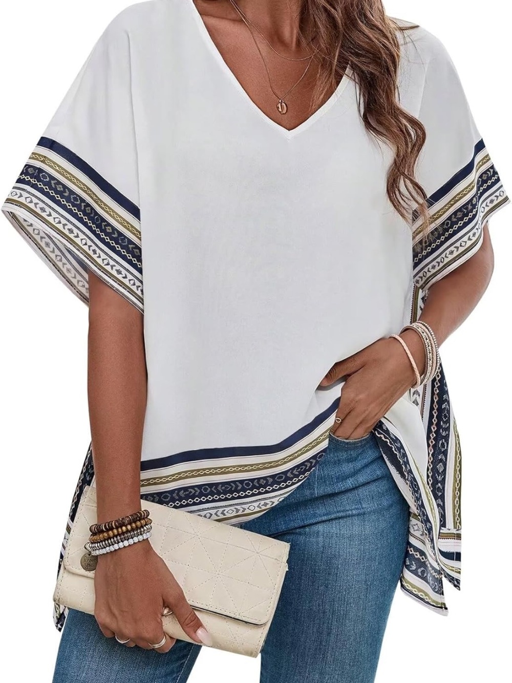 V-Neck White Tunic Top with Navy & Olive Border